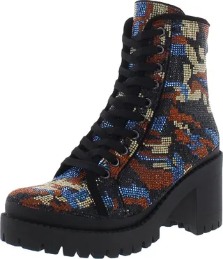 Pass Womens Rhinestone Platform Combat & Lace-up Boots