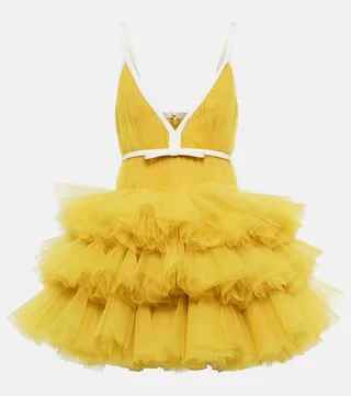 V-neck ruffled tulle minidress