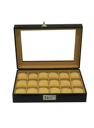 Laveri Watch Box for Men Women (18 Slots), Premium  Leather Watch Case  Organizer with Crystal Glass Top, Removable Pillow 