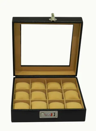Laveri Watch Box for Men Women (12 Slots), Premium  Leather Watch Case  Organizer with Crystal Glass Top, Removable Pillow 