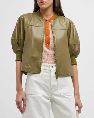 Lantern-Sleeve Lambskin Leather Jacket