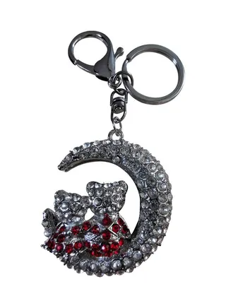 Rhinestone Crystal Moon Crescent Lover Cat Key Ring Silver/Red 