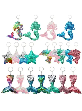 Sequin Keychains, Reversible Mermaid Glitter Flip Keychains Animal Sequin Key Chains Theme Party Gift Bags for Kids' Birthday Party Favors Supplies 4 Styles, 20 Pcs 