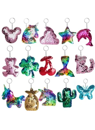 Sequin Keychain, Colorful Flip Sequin Keychain for Mermaid Tail Clover Cat Animals Shape Gift for Kids Adults Party Favors Gift Back to School Gifts Backpack Accessories15 Pcs 