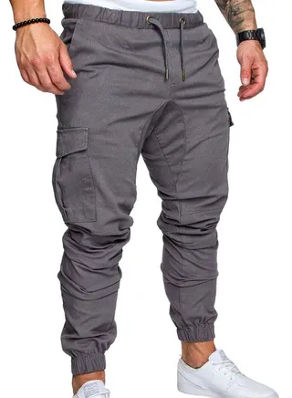 Solid Drawstring Cargo Pants Light Grey 
