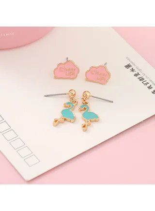 2 Pairs of Cloud Flamingo Dangle And Stud Earrings Set 