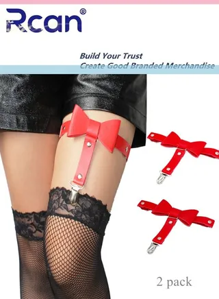 2 Pack Leather Garter Non-slip Adjustable Fashion Leg Accessories Bow Metal Hollow Leg Rings for Girls and Women 