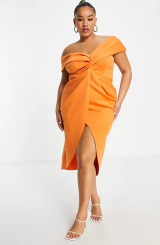 Curve Off the Shoulder Twist Front Midi Dress