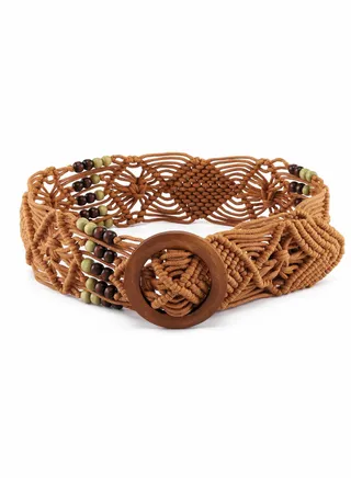 Women Boho Style Braid Waist Belts Retro Woven Belt for Vintage Casual Ladies Dress, Jeans with Wood Color Buckle 