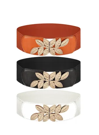 Womens Elastic Belt 3 Pcs Elastic Vintage Belt Metal Leaf Buckle Wide Belt Stretchy Retro Cinch Waistband Broad Belts for Women Ladies 