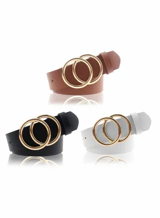 Women's PU Leather Belt, Set of 3 Double O Ring Soft Retro Faux Leather Waist Belt for Jeans Dresses 