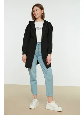 Black Hoodie with Zipper Basic Knitted Wide Fit Oversized Sweatshirt Cardigan TCTAW22TW0137 