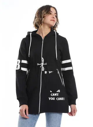 Women Hoodie With Front Zipper And Printed Sleeves 