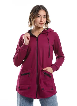Women Hoodie With Front Zipper And Pockets 