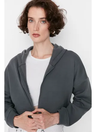 Anthracite Basic Zippered Hoody Crop Thick Fleece Inside Knitted Sweatshirt TWOAW20SW0660 