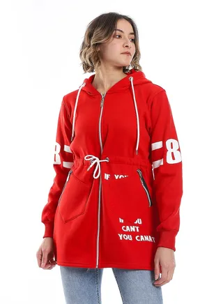Women Hoodie With Front Zipper And Printed Sleeves 