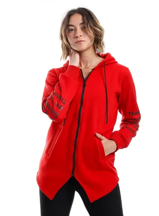 Women Hoodie With Front Zipper And Printed Sleeves 