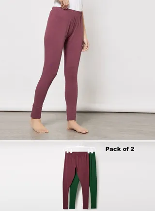 Women's Pack of 2 FreeSize Stretchable Ankle Length Cotton  Slim Fit leggings Dark Green/Maroon 