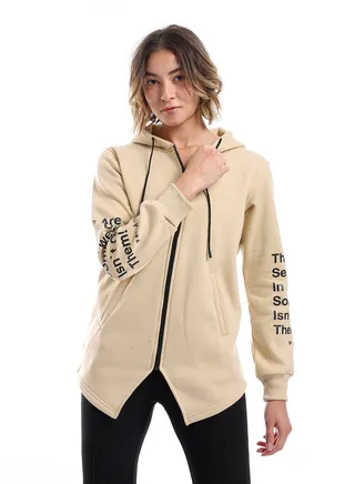 Women Hoodie With Front Zipper And Printed Sleeves 