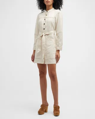 Basia Button-Front Topstitch Mini Denim Dress