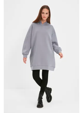 Gray Hoodie with Pocket Scuba Knitted Wide fit Oversize Sweatshirt TCTAW22TW0151 