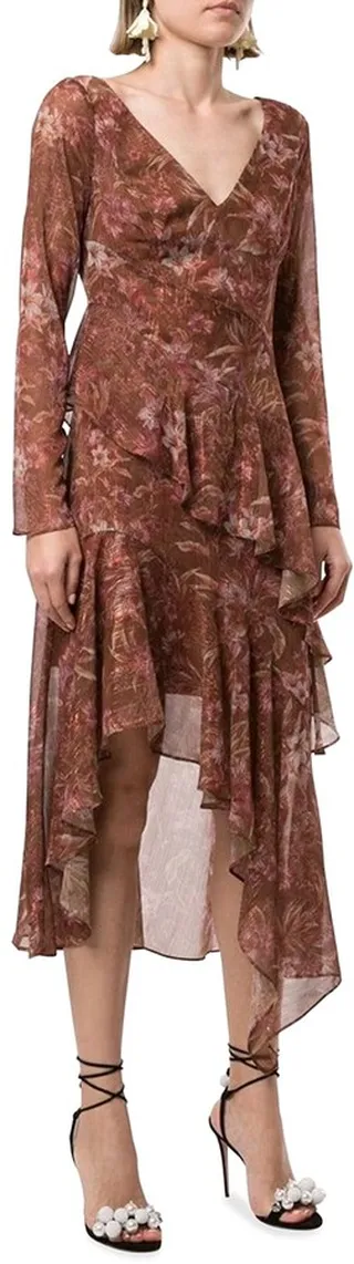 Floral Chiffon Asymmetric Ruffle Dress