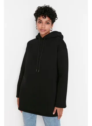 Black Hooded Knitted Sweatshirt with Fuzzy Inside TCTAW23TW00018 
