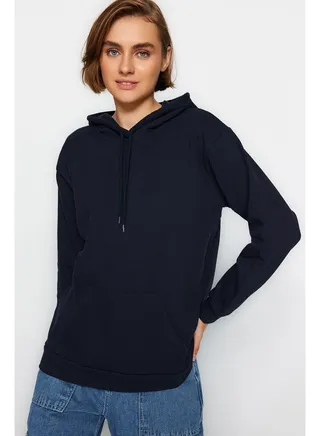 Navy Blue Kangaroo Pocket Hooded Boyfriend Raised Knitted Thick Sweatshirt 