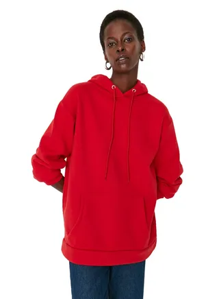 Red Thick Fleece Inside Kangaroo Pocket Hoodie Boyfriend Knitted Sweatshirt TWOAW20SW0525 