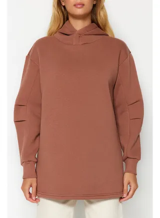 Camel Hooded Thick Knitted Sweatshirt with Fleece/Charcoon TCTAW24TW00020 