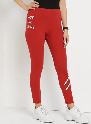 Rise And Shine Slogan Printed High Waist Skinny Fit Leggings Red/White 