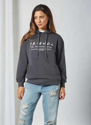 Oversized FRIENDS Printed Hoodie Grey 