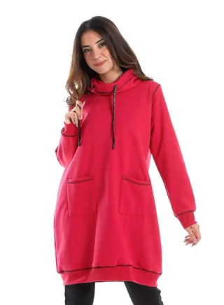 Woman Long Hoodie With Two Pocket And Sewing Design 