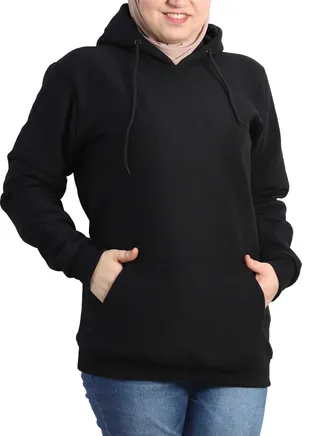 Long Hoodie Melton Cotton For Women - Black 