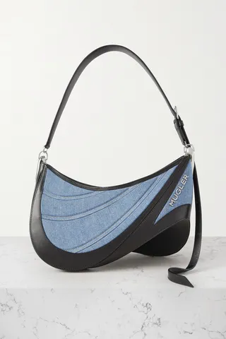 Mugler - Spiral Curve Medium Leather And Quilted Denim Shoulder Bag - Blue