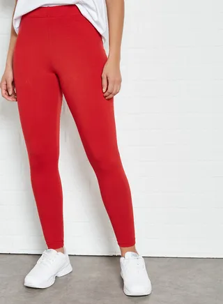 Elastic Waist High-Rise Skinny Fit Plain Leggings Red 