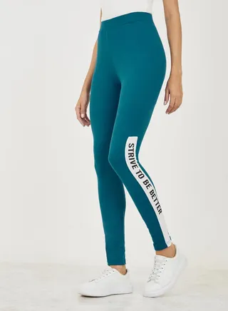 Side Slogan Print Ankle Length Leggings 