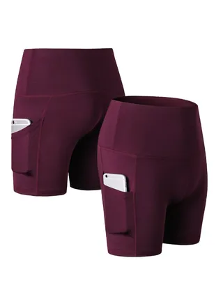 High Waist Workout Pocket Shorts Burgundy 