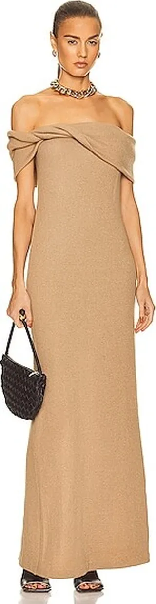 Brandon Maxwell Off the Shoulder Rib Knit Gown in Tan