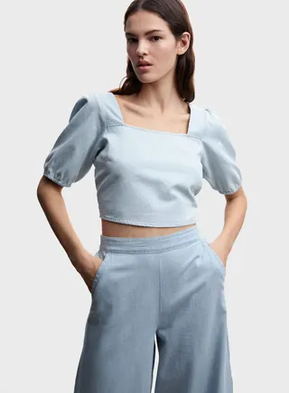 Puff Sleeve Square Neck Crop Top 