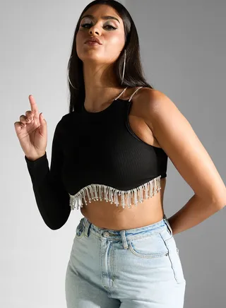 Embellished Hem One Shouldered Crop Top 