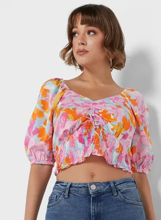 V-Neck Printed Crop Top 