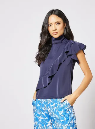 Women's Casual Cap Sleeve Polyester Blend Tops With High Neck With Diagonal Frill Navy 