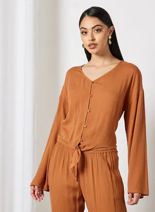 Stylish Long Sleevs Crop Top Printed V Neck Brown 