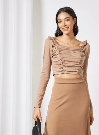 Gathered Detail Crop Top Brown 