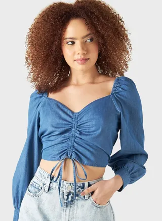 Ruched Denim Crop Top 