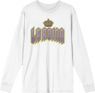 "La Reina" ("Queen") Metallic Font Adult White Long Sleeve Crew Neck Tee-XXL