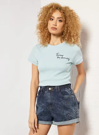 Embroidered Slogan Crop Top Blue 