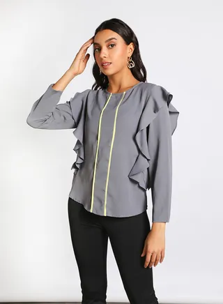 Women's Casual Long Sleeve Polyester Tops With Round Neck With Side Ruffles Grey/Yellow 