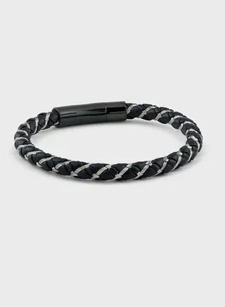 Genuine Leather Braided Stainless Steel Bracelet  In Gift Box